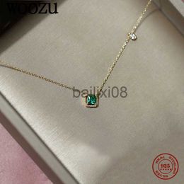 Pendant Necklaces WOOZU 925 Sterling Silver Square Green Zircon Clavicle Charm Pendant Neckle for Women Wedding 14k Gold Plated Jewelry Gift J230620