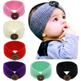 Baby Girls Wool Crochet Headband Knit Hairband With Button Decor Winter Newborn Infant Ear Warmer Head Headwrap 14 Colours