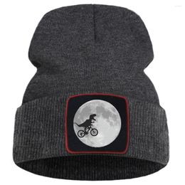 Berets Dinosaur Riding Bike Funny Moon Print Unisex Cap Cartoon Warm Winter Caps Solid Colour Simple Knitted Creative Quality