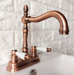 Kitchen Faucets Antique Red Copper Double Handle Dual Hole Deck Mount Basin Faucet Swivel Spout Bathroom Sink Mixer Tap 2rg049