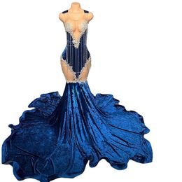 Sexy Navy Blue Beading Prom Dress Cut Out Thigh Mermaid Pageant Gowns Beaded Velvet Black Girl Birthday Party Dresses