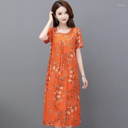 Casual Dresses Chic And Elegant Woman Floral Dress Summer 2023 Short Sleeve Middle Age Women's Loose Korean Style Vintage Clothes