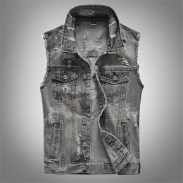 Men's Vests summer beach style denim slim vest men Outerwear Coats cotton hole Sleeveless for grey top quality jacket 230620