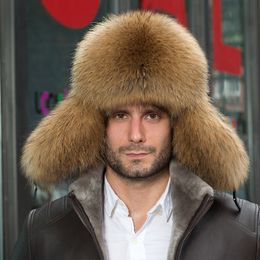 Men's Real Fox Fur Hat Real leather Hat Russian Ushanka Winter Warm Aviator Trapper Hat Bomber Ski Earmuffs Cap
