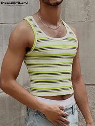 Men's Tank Tops Men Striped Tank Tops O-neck Sleeveless Fitness Streetwear Men Clothing Breathable Summer Fashion Casual Vests 5XL INCERUN 230620