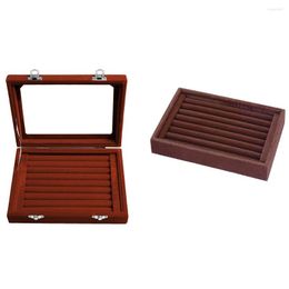 Jewellery Pouches SZanbana Earring Storage 7Slots Velvet Tray Drawers Glass Lid Showcase Display Ring Organiser Holder Cufflink-Brown