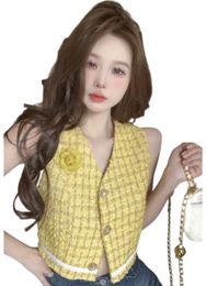 Women's summer yellow tweed Woollen single breasted 3D flower patchwork short vest sleeveless tank tops SM