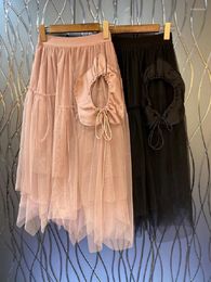 Skirts 2023 Summer High Quality Ladies Elastic Waist Drawstring Deco A-Line Casual Sexy Tulle Mesh Skirt Pink Black