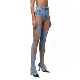 Europa e Estados Unidos Sexy Niche Jeans Feminino Novo Outono Espiral Oco Mesh Design Sense Emenda Calças com Fenda Tide