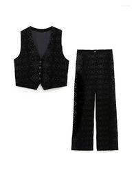 Women's Two Piece Pants Vintage Embroidery Velvet Sets Womens Outfits Cropped Waistcoat And Straight Leg Trousers Set Women Clothing