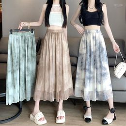 Skirts Fashionable Sexy Tie-Dyed Ink Silk Wrinkle Printed Skirt Women's Elastic Waist High A- Line Umbrella