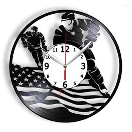 Wall Clocks Ice Hockey Clock Sport Goalkeepers Vintage Record USA Flag 3D Hanging Watches For Living Room Decor