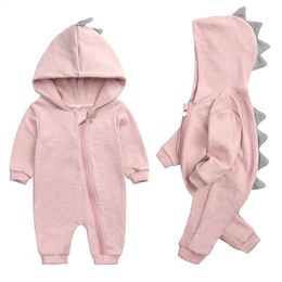 Rompers 2023 Spring Kids Tales born Baby Romper Suit Solid Hooded Dino Boys Girls Cotton Babywear 4 Colours 230619