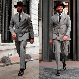 New Grey Men Wedding Tuxedos Double Breasted Groom Dinner Business Evening Suit Birthday Party Wear Blazer 2 Pieces