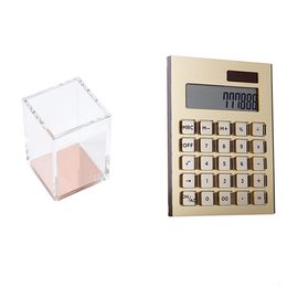 Pencil Cases Yellow Gold Acrylic Pen Holder Desk Organiser Solar Energy Calculator Desk Kit 230620