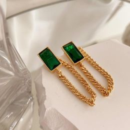 Dangle Earrings Trendy Green Glass Stone Stainless Steel Tassel Ear For Women Wholesale Gold Colour Factory Jewellery