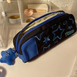 Pencil Bags Cute Large-capacity Pencil Case Embroidery Cute Stars Blue Nylon Pencil Case Student Stationery School Supplies Back To School 230620