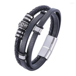 Charm Bracelets Multilayer Braided Wrap Leather Men Stainless Steel Magnet Clasp Punk Handmade Bangles Male Gift SP1152