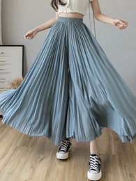 Korean Fashion Wide Leg Pants Women Elastic High Waist Pleated Trousers Summer Casual Loose Chiffon Pants Elegant Long