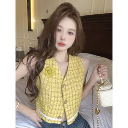 Women yellow tweed Woollen single breasted 3D flower patchwork short desinger vest sleeveless tank tops SM