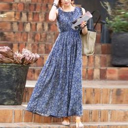 Casual Dresses Boho Blue Long Sleeveless Summer O Neck Maxi Dress Elastic High Waist Beach Sundress Chic Streetwear Vestidos