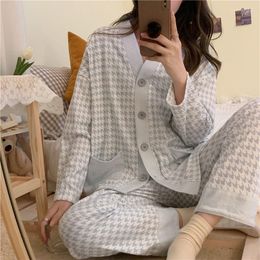 Women's Sleepwear Cotton Pajamas Women Houndstooth Spring Pijama Long Sleeve Pyjamas Female Set Woman 2 Piece Loungwear Nightwear