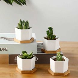 Planters Pots Ceramic Flowerpot With Bamboo Support Mat Set Artificial Succulent Holder Home Office Desktop Decorative Ornaments1PC