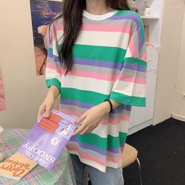 Women's T Shirts 2023 Casual Striped Cotton Shirt Women Summer Korean Oversized Elegant Sweet Cute Girl Tee Student Tops Harajuku 086