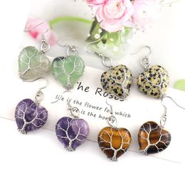 Fashion Handmade Wire Wrapped Tree of Life Heart-shaped Earrings for Women Girls Natural Stone Geometric Earrings Jewellery