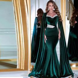 Dark Green Velvet Mermaid Evening Dresses with Cape Sleeve Plus Size Ruched Vestidos Special Occasion Celebrity Prom Gowns