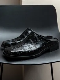 Summer Business Men Casual Crocodile Pattern Cowhide Genuine Leather Slippers Med Heel Square Toe Outside Slides Slip On Loafers