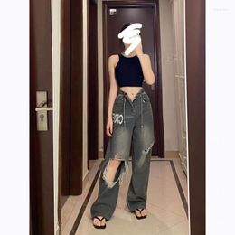 Women's Jeans Fashion Design Sense Girl Exposed Waist Ripped Straight High Letter Printing Wide Leg Loose Mopping Pants