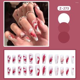 False Nails 24Pcs Red White 3D Flower Long Fake Nail For Women And Girls French Style Artificial Art Tip Stick On