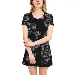 Casual Dresses Pure Cotton Large Size Dress Black And White Floral Retro Print T-shirt Skirt Summer Loose Mid-length Short-sleeved Home