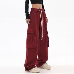 Streetwear Vintage Hip Hop Oversize Red Cargo Pants Women Drawstring Elastic Waist Loose Wide Leg Harajuku Casual Trousers