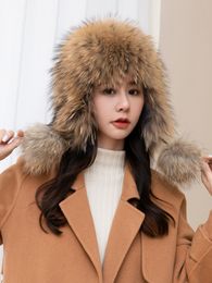 Women Real Fox Fur Hat Russian Ushanka Hat Knitted Strech Warm Earlap Ski Cap