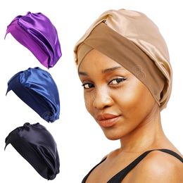Women Cross Satin Bonnet With Stretchy Band Ladies Soild Colour Hair Care Chemo Cap Breathable Hair Accessories Soft Headcover