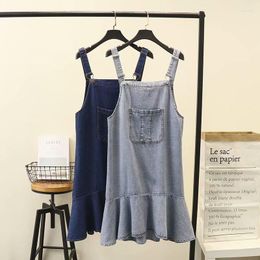 Casual Dresses 2023 Spring Summer Sweet Strap Denim Dress Women Korean Style Loose Plus Size Mid Mermaid Jeans Female