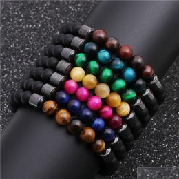 Beaded Matte Onyx Bracelet For Men Women Strand Healing Energy Adjustable Black Agate Stone 8Mm Triple Protection Bangle Dhks6