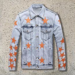 Men's Jackets Full Stitching Leather Star Pattern Jacket For Men Hole Denim Biker Chaqueta Hombre Contrasting Colours
