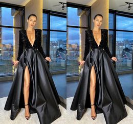 Sexy Black A Line Prom Dresses Long for Women Deep V Neck Long Sleeves High Side Split Party Dress Formal Birthday Pageant Celebrity Evening Gowns Custom