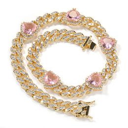 Iced Out 9mm Cuban Chain Love Heart Diamond Women's Necklace Hip Hop Sweet Pink Zircon Jewelry