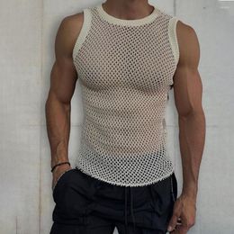 Men's Tank Tops 2023 Fashion Hollow Knitted Vest Summer Men's T Shirt Solid Casual O-Neck Pullover Sexy 2yk Tight Unisex Sleeveless Top