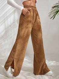 Women Corduroy Wide Leg Pants Fashion Casual Pocket High Waist Elastic Waist Leg Fork Long Pants For Women Black Autumn