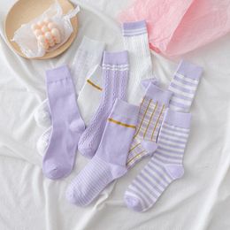 Women Socks Fashion Woman Candy Purple Spring Summer Cotton For Girls Cute Stripe Lattice Kawai Female Sock Calcetas