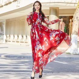 Ethnic Clothing Boho Floral Print Long Dress Women Ramadan Eid Jalabiya Fashion Muslim Moroccan Kaftan Plus Size Loose Chiffon Islamic