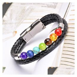 Beaded Energy Natural Gem Lava Stone Double Layer Magnetic Buckle Leather Chakra Bracelet For Men Drop Delivery 202 Dh2Tw