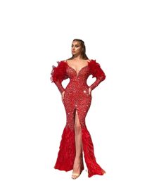 Arabic Red Luxurious Sparkly Sexy Evening Dresses Feather Mermaid Prom Dresses High Split Formal Party Second Reception Gowns