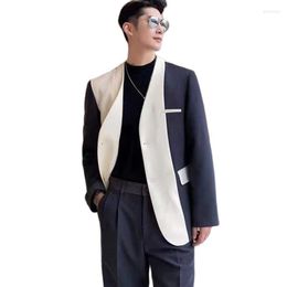 Men's Suits Latest Beige And Black Splicing No Collar Single Breasted Blazer With Pants Men's For Male Daily Casual Wear 2 Piece