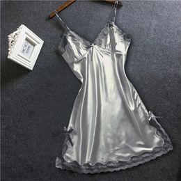 Sexy Pyjamas Satin Nightgown Lady Bowknot Lace Lingerie Spaghetti Strap Night Dres Nighties Sleeveless Sleepwear Nightwear 230620